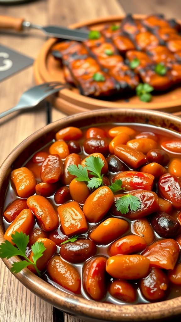 A bowl of smoky barbecue beans garnished with parsley, with barbecue tools and grilled meat in the background.